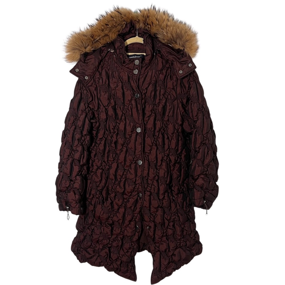 Marina Rinaldi Puffer Coat Size M Burgundy Smocked Genuine Fur‎ Trim Hood Winter